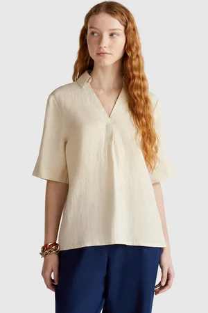 Benetton Blusa De Manga Corta En Puro Lino