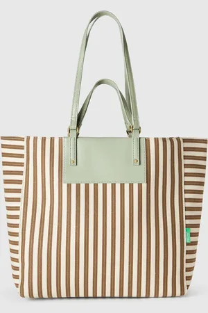 Benetton Bolso Tote Rayas Verdes Y Beige