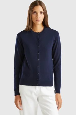 Benetton Cárdigan De Cuello Redondo Azul Noche De Pura Lana Merina