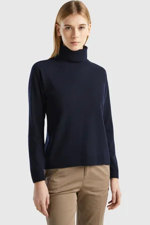 Benetton Jersey De Cuello Cisne Azul Noche En Mezcla De Lana Y Cachemir