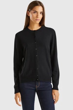 Benetton Cárdigan Negro De Cuello Redondo De Pura Lana Merina