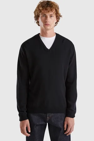 Benetton Jersey Negro De Pura Lana Merina Con Escote De Pico