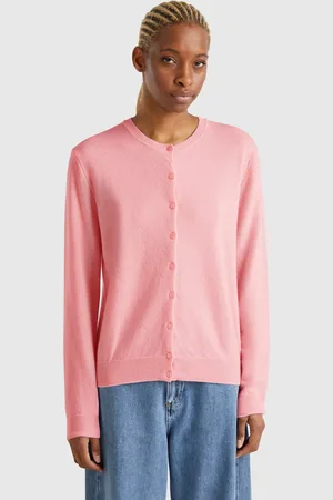 Benetton Cárdigan De Cuello Redondo Rosa Empolvado De Pura Lana Merina