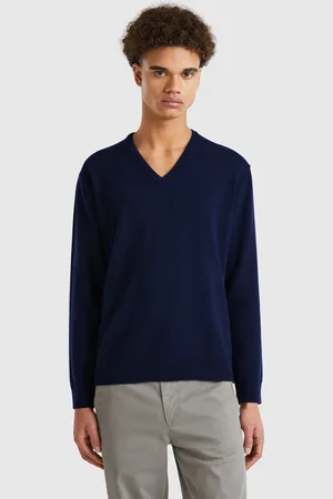 Benetton Jersey Azul Noche De Pura Lana Merina Con Escote De Pico