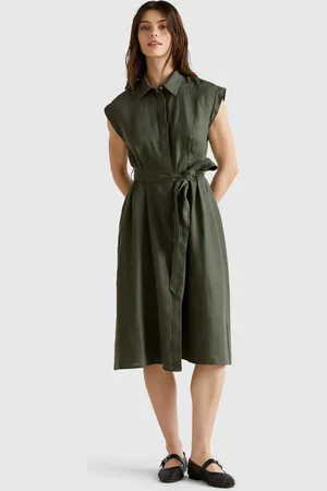 Benetton Vestido Camisero De Puro Lino