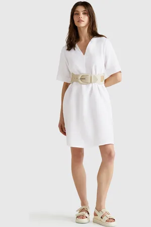 Benetton Vestido De Manga Corta En Puro Lino
