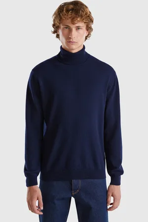 Benetton Jersey De Cuello Cisne Azul Noche De Pura Lana Merina