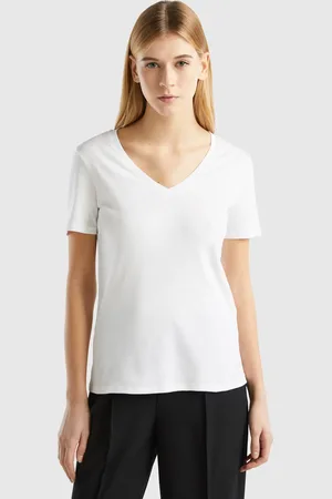 Benetton Camiseta De Algodón Puro Con Escote De Pico