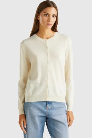 Benetton Cárdigan En Color Crema De Cuello Redondo De Pura Lana Merina
