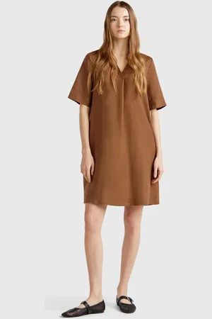 Benetton Vestido De Manga Corta En Puro Lino