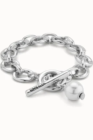 UNO de 50 Pulsera bañada en plata de ley con eslabones y charm de perla