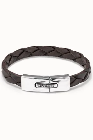 UNO de 50 Pulsera cuero marrón con cierre de muelle rectangular bañado en plata de ley
