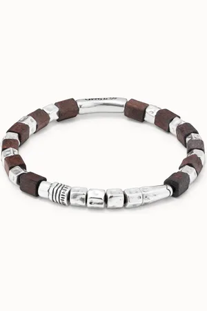 UNO de 50 Pulsera de cuero con piezas bañadas en plata de ley y cuentas de madera