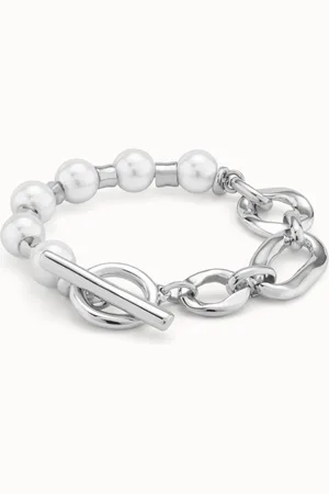 UNO de 50 Pulsera bañada en plata de ley con combinación de eslabones y perlas