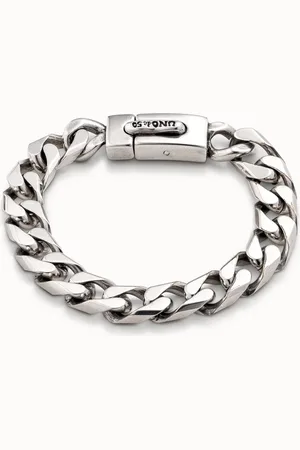 UNO de 50 Pulsera bañada en plata de cadena barbada pisada mediana y cierre automático