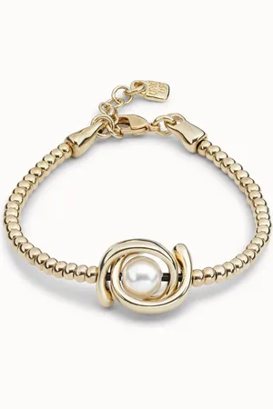 UNO de 50 Pulsera elástica de una vuelta bañada en oro de 18k y abalorio doble luna y perla