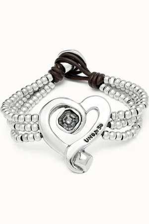 UNO de 50 Pulsera de cuentas con corazón bañado en plata de ley con cristal negro