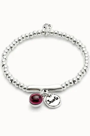 UNO de 50 Pulsera bañada en plata de ley, cristal de murano y palabra suerte
