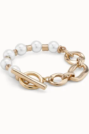 UNO de 50 Pulsera bañada en oro 18k con combinación de diferentes eslabones y perlas