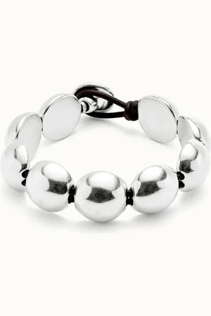 UNO de 50 Pulsera de cuero con cuentas grandes redondas bañadas en plata de ley