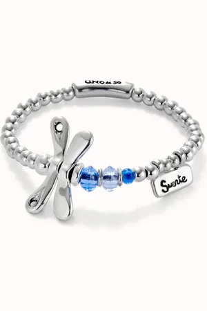 UNO de 50 Pulsera elastica con libélula bañada en plata de ley con cristales azules