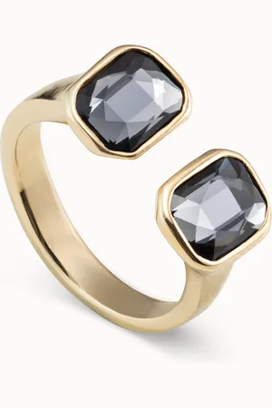 UNO de 50 Anillo bañado en oro de 18k abierto con dos 2 cristales color oscuro