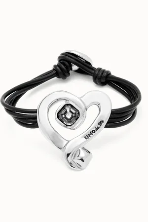 UNO de 50 Pulsera de cuero con corazón bañado en plata de ley con cristal