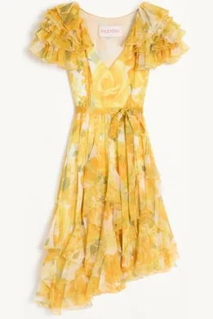 VALENTINO VESTIDO DE CHIFFON ROSE GIALLE PAPIER FLORAL Mujer 40