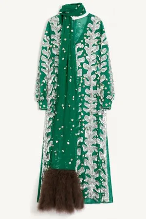 VALENTINO VESTIDO BORDADO DE ORGANZA CON FLECOS DE PLUMAS Mujer 38
