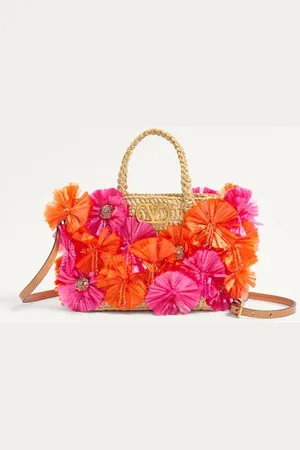 VALENTINO GARAVANI BOLSO DE COMPRAS PEQUEÑO DE RAFIA CON FLORES Y CUENTAS Mujer UNI