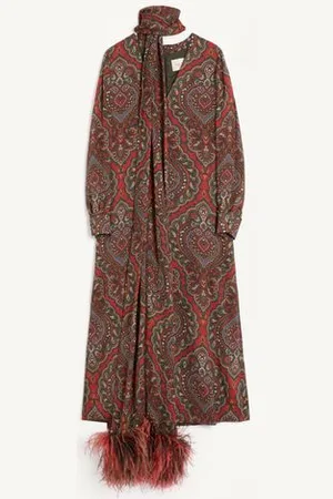 VALENTINO VESTIDO MIDI DE GEORGETTE CON ESTAMPADO VOYAGE IMAGINAIRE DE CACHEMIRA CON PLUMAS Mujer 36