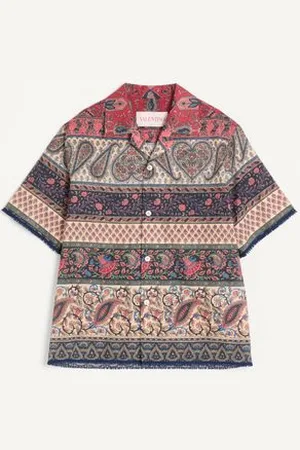 VALENTINO CAMISA DE BOWLING DE MUSELINA DE ALGODÓN CON ESTAMPADO VOYAGE IMAGINAIRE Y RIBETES DE PASAMANERÍA Hombre 44