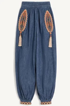 VALENTINO PANTALÓN GLOBO DE CHAMBRAY BORDADO Mujer 36