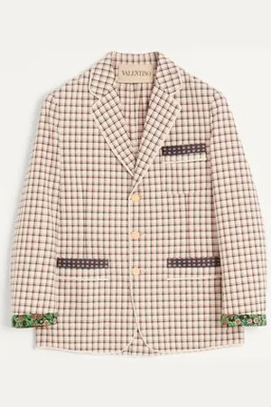 VALENTINO CHAQUETA DE ALGODÓN CUADRILLÉ CON BORDES ESTAMPADOS Y BOTONADURA SENCILLA Hombre 44