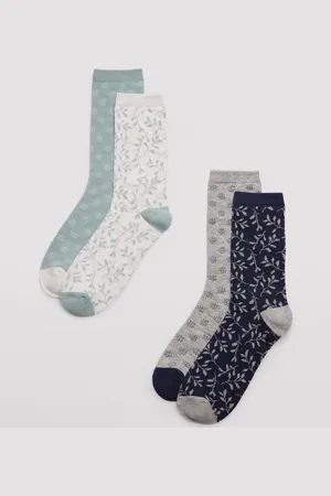 YSABEL MORA Pack 4 calcetines algodón mujer estampados florales azul y gris