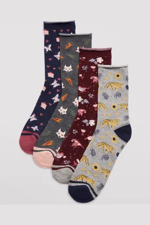 YSABEL MORA Pack 4 calcetines de mujer sin puño estampados dibujos de animales