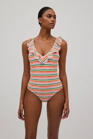 YSABEL MORA Bañador volantes estampado de rayas micropiqué