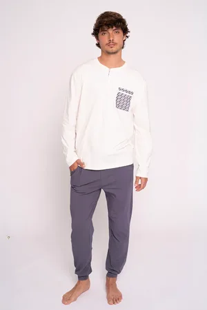 Muydemi Pijama hombre largo algodón detalle bolsillo |