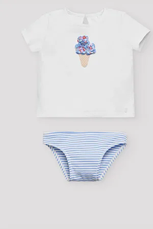 YSABEL MORA Set bebé bañador culetín rayas azules con textura y camiseta